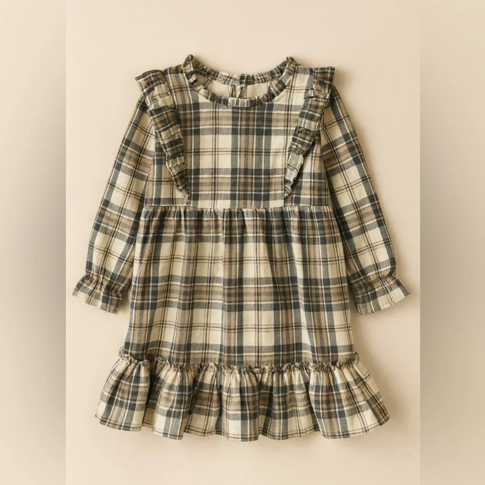 RARE EDITIONS long sleeve dress gray, beige, & tan with ruffles